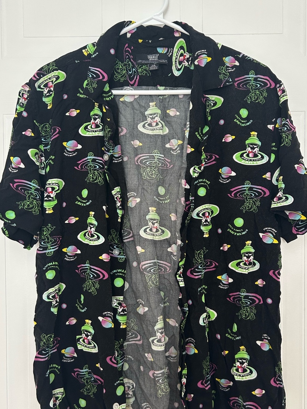 Looney Tunes Black Short-Sleeve Button-Down Shirt with Neon Space Print - Picture 2 of 6
